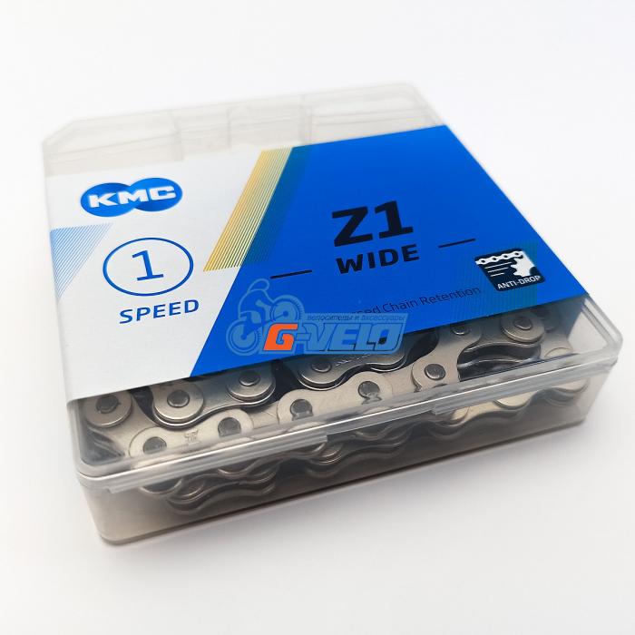 Цепь KMC Z1 Wide Silver, для 1-ск. велосипедов, BMX, фиксеров, 112 звеньев, 1/2"x1/8", серебристая