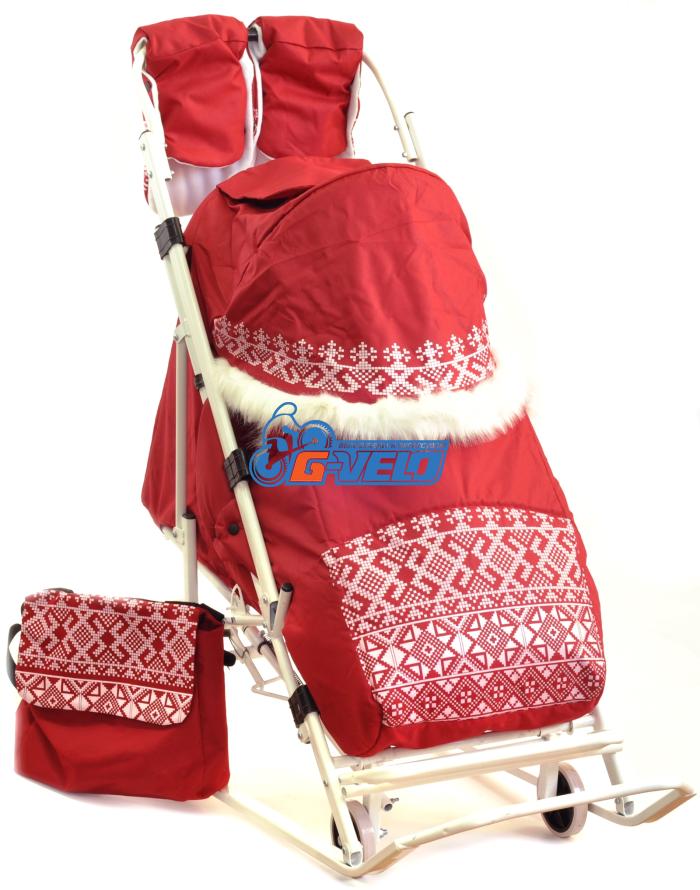 Санки коляска ЭМИ-3 с мехом, старорусский орнамент, красные